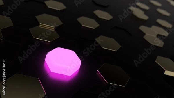 Fototapeta 3D futuristic honeycomb mosaic background, pink and golden hexagons, illustration