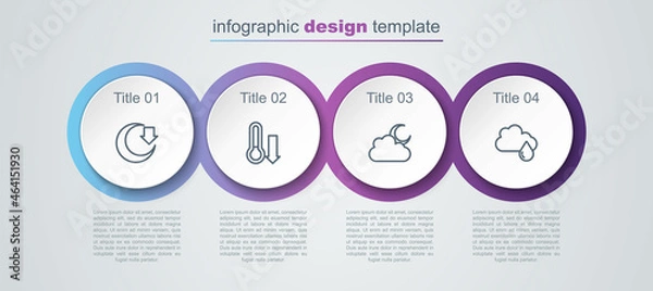 Fototapeta Set line Moon, Meteorology thermometer, Cloud with moon and rain. Business infographic template. Vector