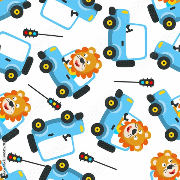 Fototapeta Seamless pattern of funny lion driving car in the road. Creative vector childish background for fabric, textile, nursery wallpaper, poster, card, brochure. and other decoration.