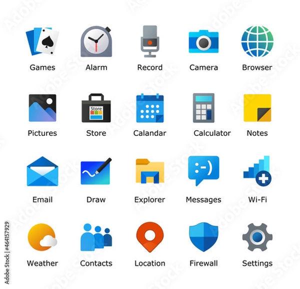 Obraz Desktop icon pack. My computer folder theme. Linux customization icons. PC shortcut signs. System software and devices. New eleven inspired vector illustrations.