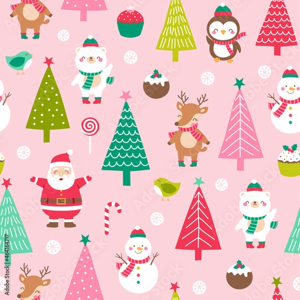 Fototapeta Cute santa claus, animals, pine trees and decorative elements pattern for christmas and new year background.
