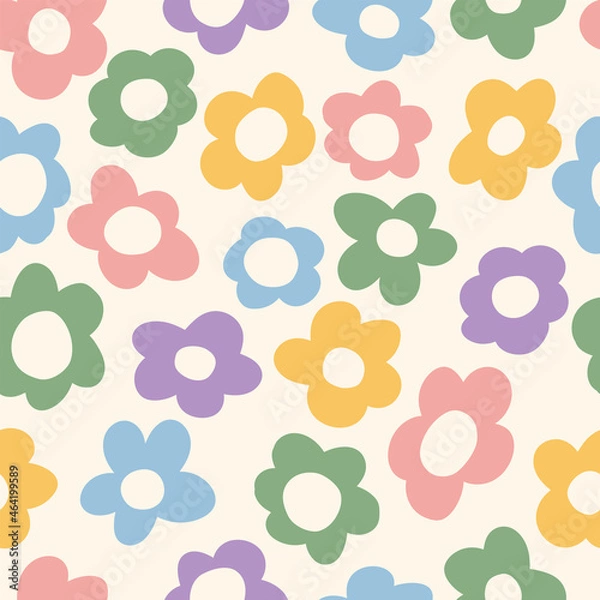 Obraz seamless pattern with vintage vector groovy flowers. 70s, 60s, modern elements. stylized flowers bold silhouettes. abstract art for surface design, textile, stationery, wrapping paper and covers