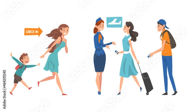 Fototapeta People Character at Airport Walking with Ticket Toward Gate for Check in Vector Illustration Set