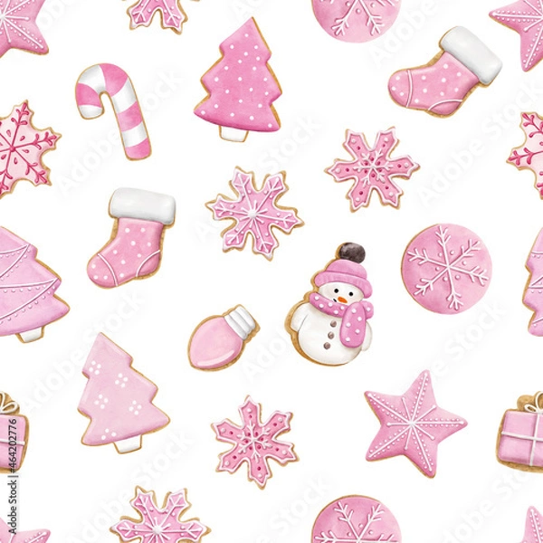Obraz Seamless pattern of cute watercolor gingerbread. Christmas gingerbread cookies. Christmas decorations