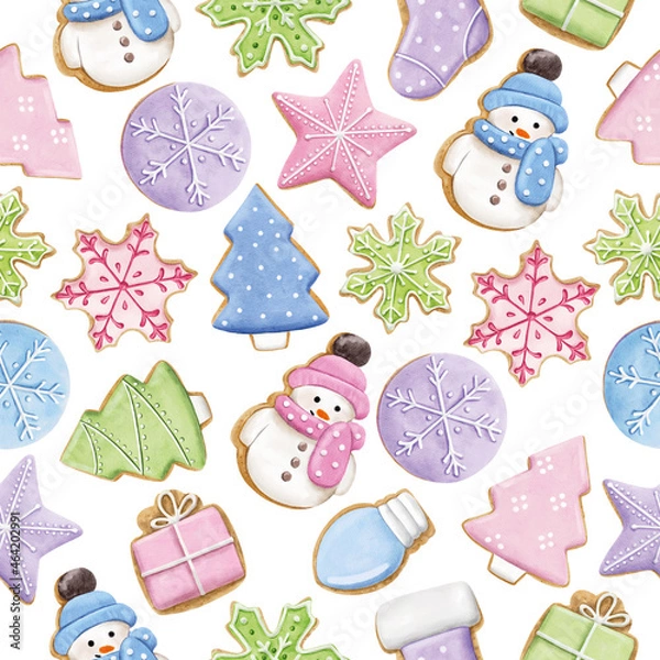 Obraz Seamless pattern of cute watercolor gingerbread. Christmas gingerbread cookies. Christmas decorations