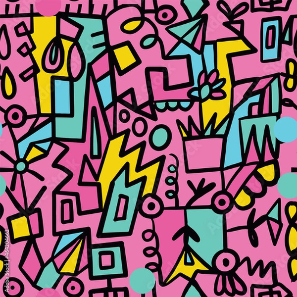 Fototapeta Vector colorful hand drawn abstract graffiti seamless pattern.