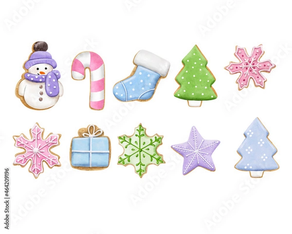 Obraz Big watercolor set of isolated gingerbread for christmas cards, party decor, fabric