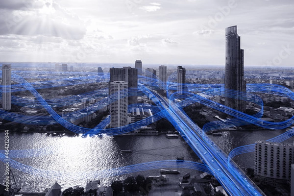 Fototapeta Black and white smart city with data communication flow network, communication technology concept
