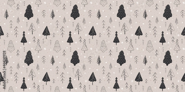 Fototapeta Seamless pattern with trees and snowflakes. Winter and christmas mood, scandinavian minimalism, hand drawn doodle style for web, print, textile, background, wrapping paper, wallpaper. 