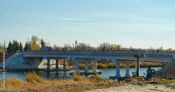 Fototapeta Sloviansk, Ukraine - October 21 2021: Preparing for opening ruined bridge after rebuilding