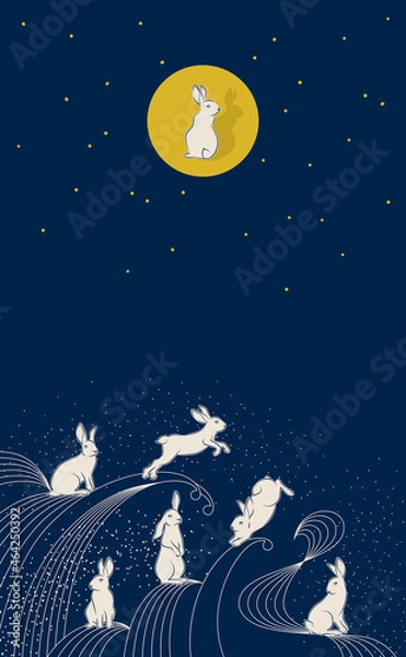 Fototapeta Mid Autumn festival, White Rabbit with Full Moon and Water wave in Retro style. Background Vector Design