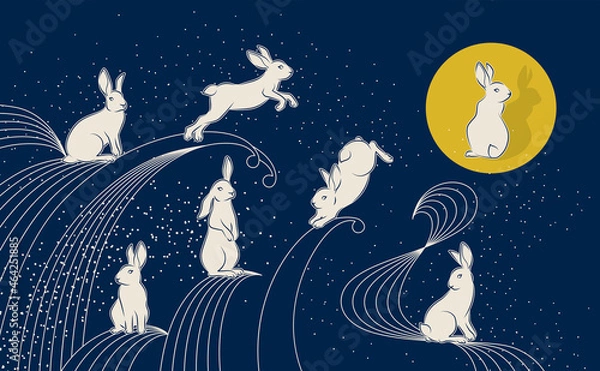 Fototapeta Mid Autumn festival, White Rabbit with Full Moon and Water wave in Retro style. Background Vector Design