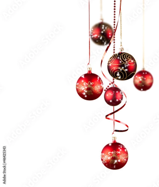 Obraz Bright red Christmas tree balls with curly ribbons isolated on t