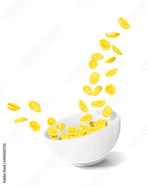Fototapeta Cornflakes in ceramic bowl. Traditional dry corn flakes breakfast food, Isolated on white background. Vector illustration.