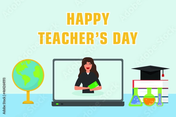 Fototapeta Teachers day vector concept: Happy teacher's day text while female teacher teaching online on laptop 