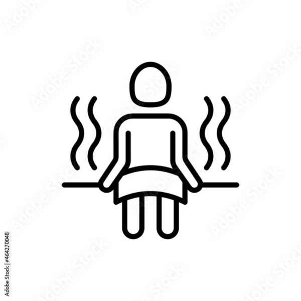 Obraz Steam room thin line icon: man sitting in sauna on bench. Modern vector illustration.