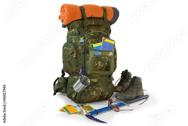 Obraz Military or survival  hunters  backpacks set isolated on white