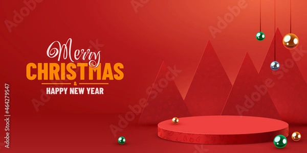 Fototapeta Mock up scene. Podium for cosmetic and product display. Stage pedestal or platform. Winter Christmas red background with xmas tree.