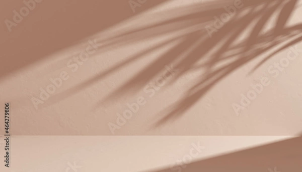 Fototapeta Empty Room with tropical leaves shadow on wall - tan color background. Minimal summer scene with palm tree leaf. 3d rendering