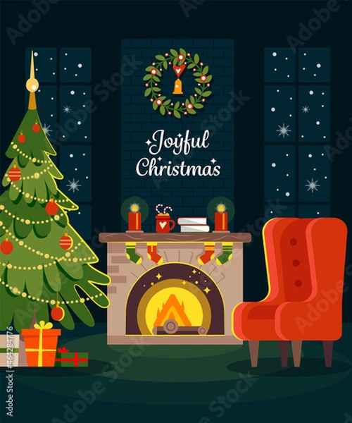 Obraz Beautiful Christmas room interior with sofa. Christmas tree and decoration. Gifts and fireplace. Flat style vector illustration.