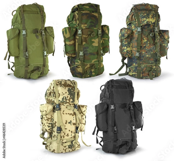 Obraz Military or survival  hunters  backpacks set isolated on white