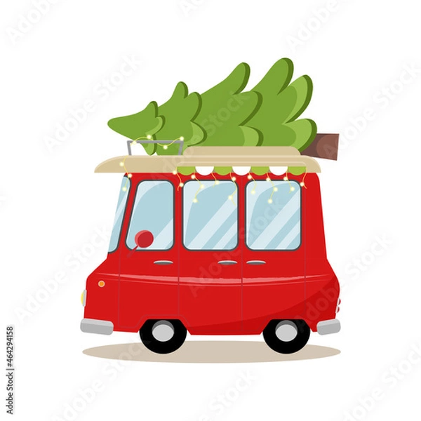 Obraz Christmas red van with tree, garland and decorations. Flat cartoon style vector illustration.