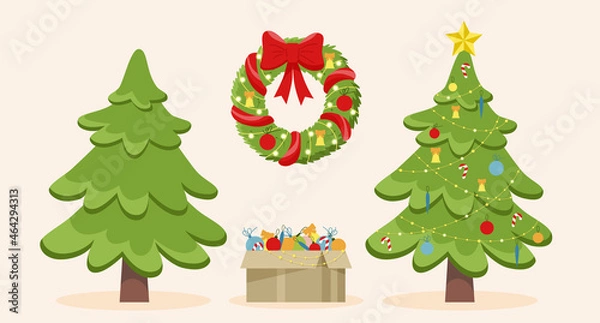 Obraz Christmas set of decorative winter items, toys for the Christmas tree, balls, garlands, wreath, Christmas trees isolated on a light background. Flat cartoon style vector illustration.