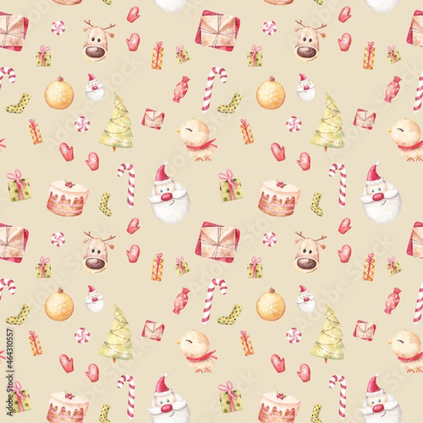 Obraz Watercolor hand-drown illustration pattern with christmas elements