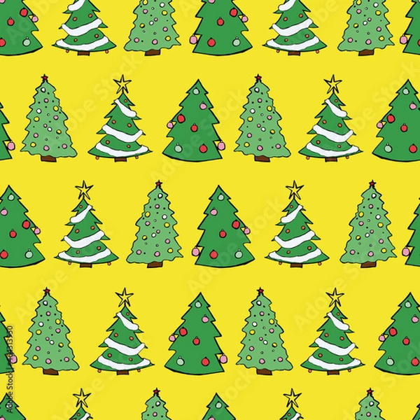 Obraz Vector Yellow Christmas Trees with baubles background pattern
