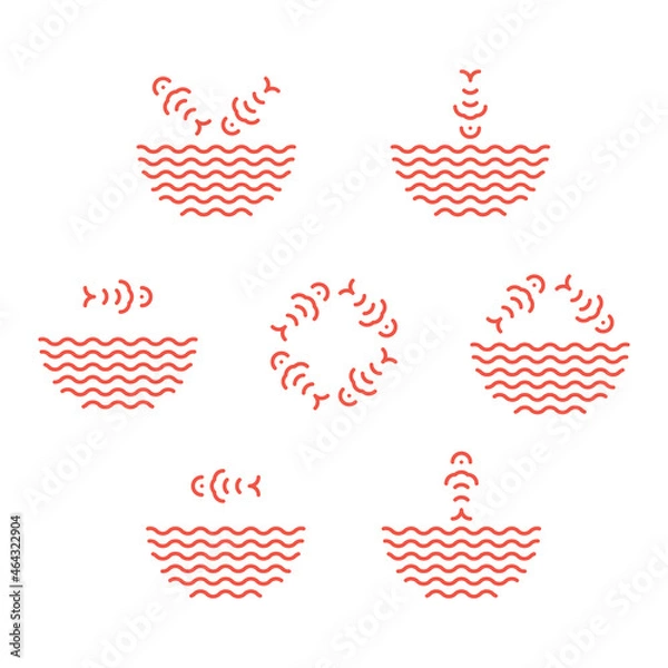 Fototapeta Poke bowl logos set and symbols in linear style. Fish jumping from water waves logotype. Fish ramen noodles soup symbols isolated. Seafood icons for restaurant, food delivery, store, menu collection