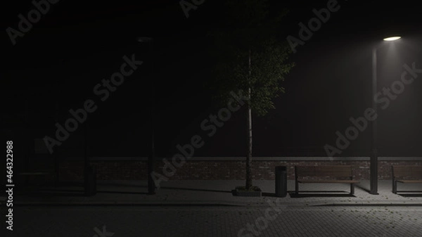 Fototapeta Illuminated Benches near the Bus Stop on the Cobblestone Street at Night 3D Rendering