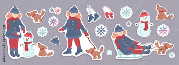 Fototapeta A set of winter stickers with a girl playing with a dog in the street. The girl walks with the dog makes a snowman, skates and sleigh rides. Winter elements vector illustration.