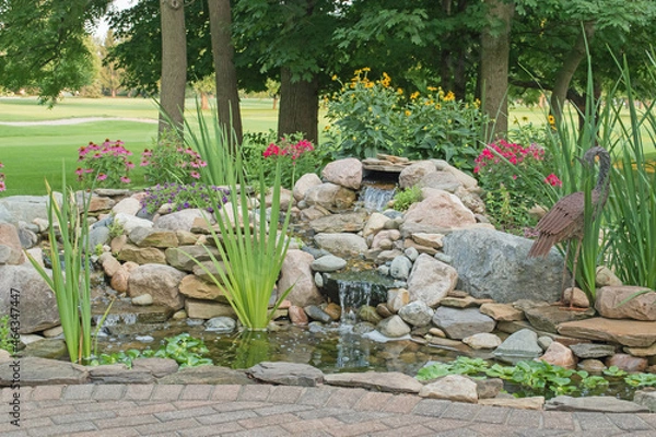 Obraz Mature landscaping around a backyard water feature created by the homeowner