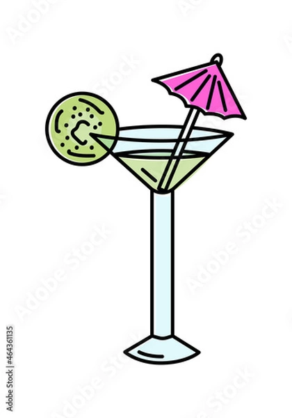 Fototapeta Vector illustration of an isolated glass of cocktail for banner, menu, wine card, poster, advertisement, or printing on clothes. Doodle multi colored hand drawn object

