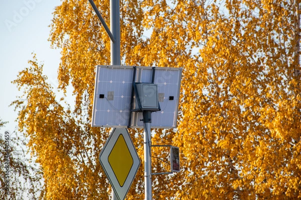 Fototapeta Background of yellow autumn leaves. Solar panels from the back against