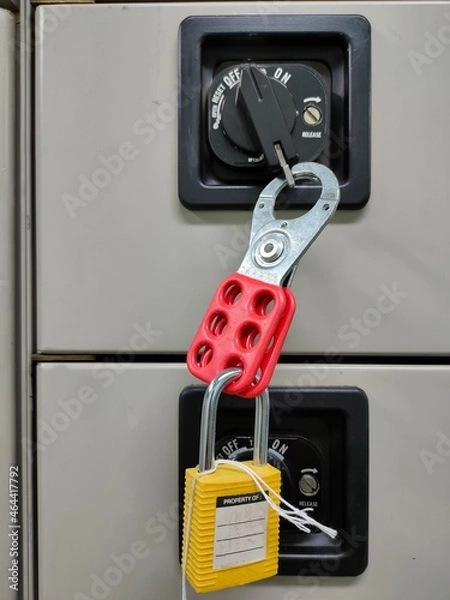 Obraz Lockout Tagout , Electrical safety system.Key lock switch or circuit breaker for safety protect.in electric room