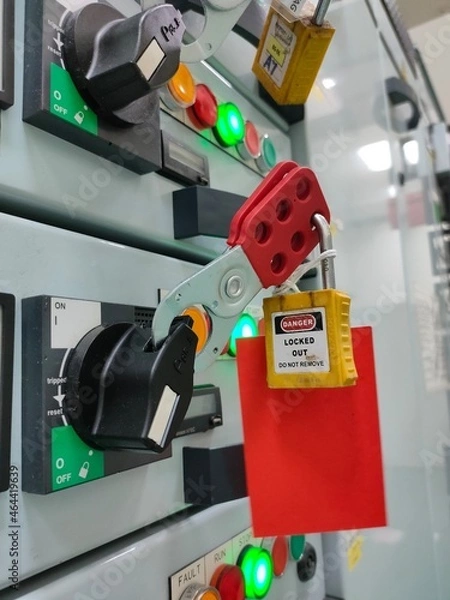 Obraz Lockout Tagout , Electrical safety system.Key lock switch or circuit breaker for safety protect.in electric room