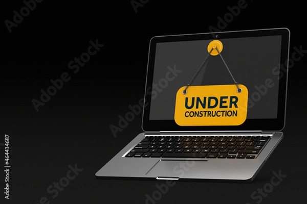Fototapeta Modern Laptop with Yellow Under Construction Hanging Banner Sign. 3d Rendering