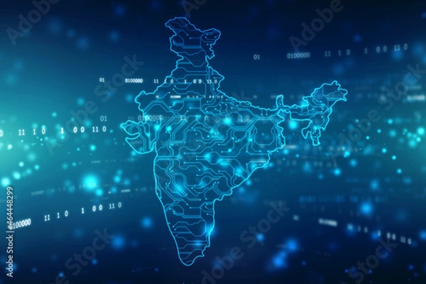 Fototapeta Digital India Concept, India Map with circuit lines on technology background, Map of India with electronic circuit, Technology Futuristic abstract background