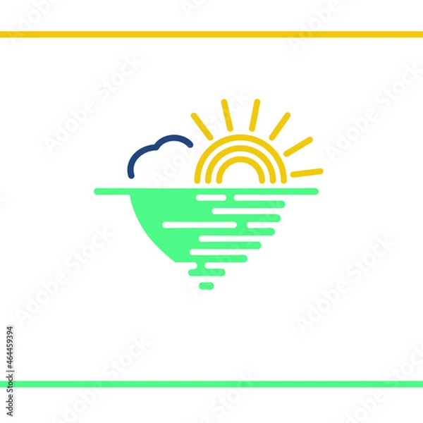 Fototapeta Sunset logo design. Sun, ocean, and a seagull in a heart shape. Vector logo design template.