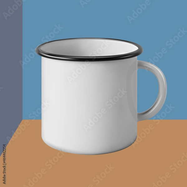 Fototapeta Metal enamel mug. Good old times. Mock up, template, blank. Vector illustration with isolated chromatic background. 3d-render