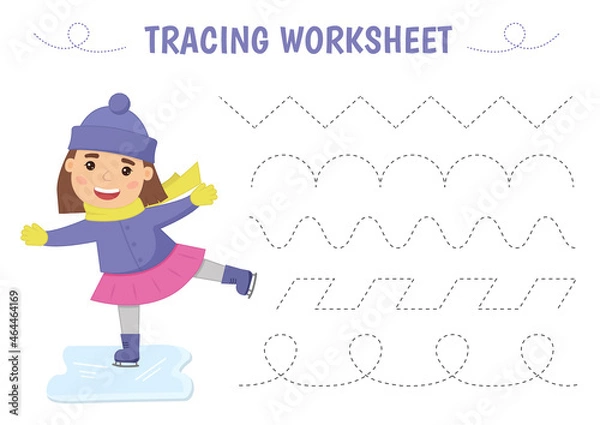Fototapeta Tracing lines and handwriting practice sheet for children. A cute girl is skating on ice in winter. Writing training printable worksheet with with wavy lines on white background. Vector illustration.