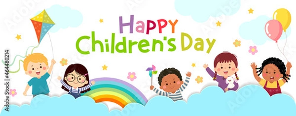 Fototapeta Vector horizontal banners World Children’s day with happy kids on the cloud.