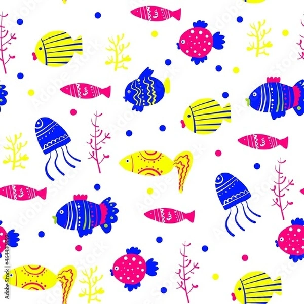Fototapeta Seamless pattern of the fishes. doodle set