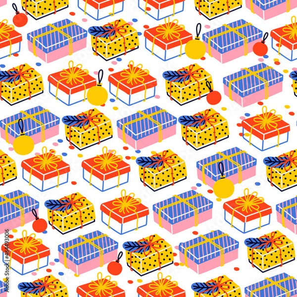 Obraz Seamless pattern with Christmas gifts and baubles.