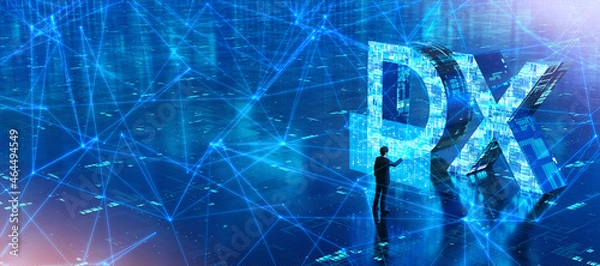 Obraz ホログラムスクリーンを操作する若い男性ビジネスマン / DX・デジタルトランスフォーメーション・ITとビッグデータ・未来志向のイノベーションのコンセプトイメージ / 3Dレンダリング