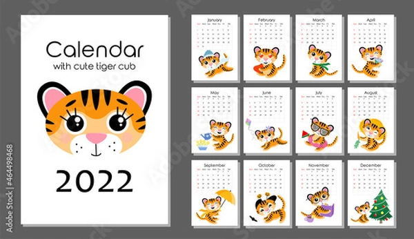 Obraz Vector colorful 2022 calendar with symbol of new year - cute tiger cub. 12 isolated months and cover. A4 vertical oriented format for print. Week starts on sunday