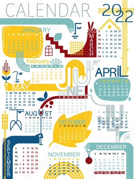 Obraz Abstract stylish calendar 2022. Faces and abstract spots in a stylish calendar. The trend of 2022