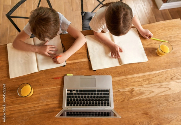 Obraz Top down of kids do homework using computer