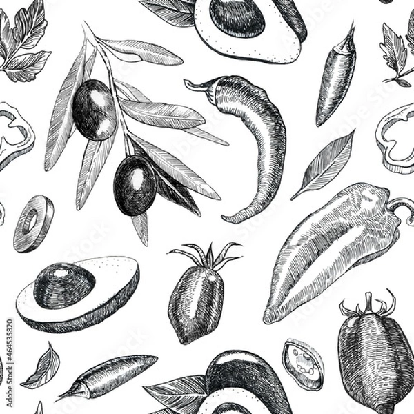 Fototapeta Seamless background with different vegetables. Hand-drawn in sketch style. A pattern of avocados, tomatoes, peppers and olives. Graphics. Engraving